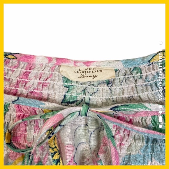 Linen Charter Club Luxury Flowered Peasant Blouse - Picture 7 of 8